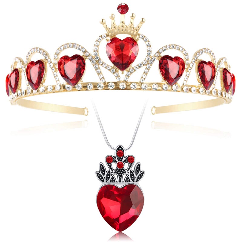 HEIKLN Descendant Gold Tiara Red Heart Crown and Necklace Rise of Red Jewelry Set Queen of Hearts Evie Costume Fan Jewelry Gift for Party - Image 1